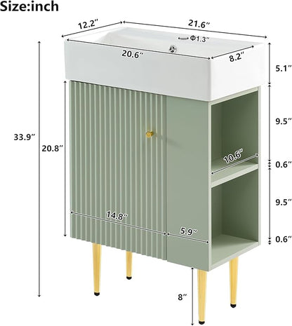 Merax Bathroom Vanity with Ceramic Sink, 21.6" Freestanding Bathroom Cabinet Vanity with Storage, Single Sink Small Vanity, Green