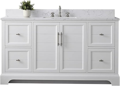 HOMEBEYOND 60 Inch Bathroom Vanity with Single Sink & Ceramic Top, Vanity Cabinet with Center Countertop Basin, Soft-Closing Doors, Backsplash, White