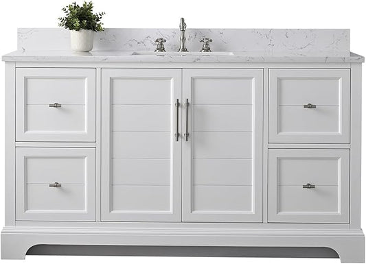 HOMEBEYOND 60 Inch Bathroom Vanity with Single Sink & Ceramic Top, Vanity Cabinet with Center Countertop Basin, Soft-Closing Doors, Backsplash, White