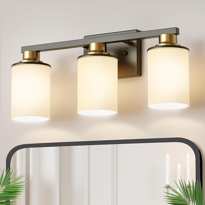 17 Inch Bathroom Light Fixtures, 3-Light Black and Gold Bathroom Lighting Fixtures Over Mirror with Milk Glass Shade, Vanity Lights for Living Room Bedroom