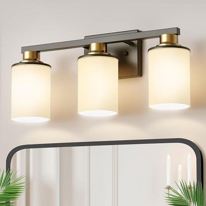17 Inch Bathroom Light Fixtures, 3-Light Black and Gold Bathroom Lighting Fixtures Over Mirror with Milk Glass Shade, Vanity Lights for Living Room Bedroom