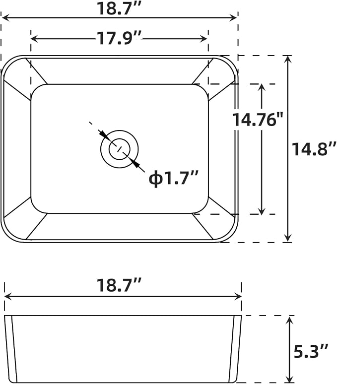 Vessel Sink 18.70x14.76 Inch, Square Ceramic Bathroom Vessel Sink, Drop-In Above Counter Vanity Sink for Bathroom, White Wash Basin Bowl