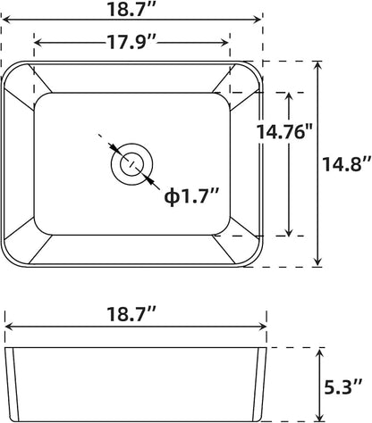 Vessel Sink 18.70x14.76 Inch, Square Ceramic Bathroom Vessel Sink, Drop-In Above Counter Vanity Sink for Bathroom, White Wash Basin Bowl