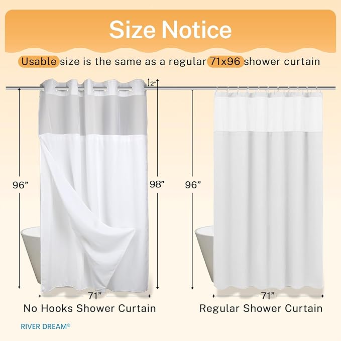 RiverDream Heavyweight Waffle No Hook Shower Curtain with Liner,White,71x98 | Dotted Waffle,Snap-in Liner,Heavy Duty,Quick Dry,Mesh Top Window,With Bottom Magnets,Hotel-Grade,Washable,Ultra Tall Size