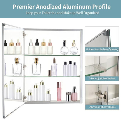 Movo 30 Inch x 24 Inch Bathroom Medicine Cabinet with Mirror, Aluminum Mirror Cabinet with Single Door, Surface Wall Mount or Recess Installation