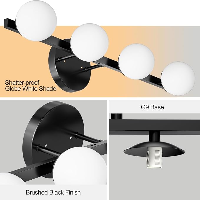 Lightdot 4 Light Bathroom Vanity Light, 26" Modern Black Vanity Lights with Globe Water/Shatterproof PC Lampshade, Rust-Proof Bathroom Light Fixtures Over Mirror for Kitchen Hallway Cabinet Porch