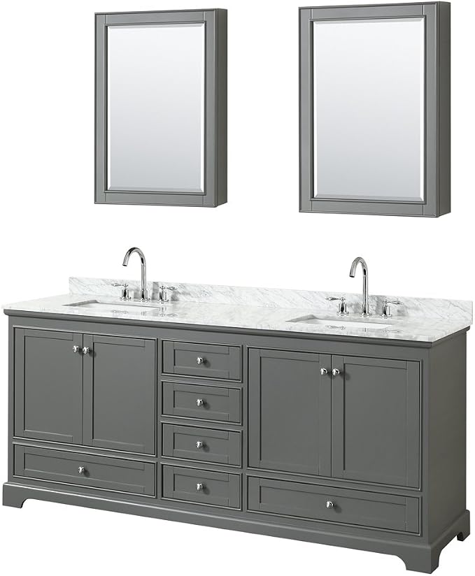 Wyndham Collection Deborah 80 inch Double Bathroom Vanity in Dark Gray, White Carrara Marble Countertop, Undermount Square Sinks, and Medicine Cabinets