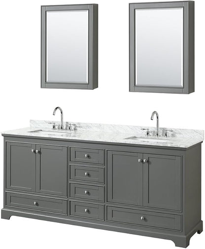 Wyndham Collection Deborah 80 inch Double Bathroom Vanity in Dark Gray, White Carrara Marble Countertop, Undermount Square Sinks, and Medicine Cabinets