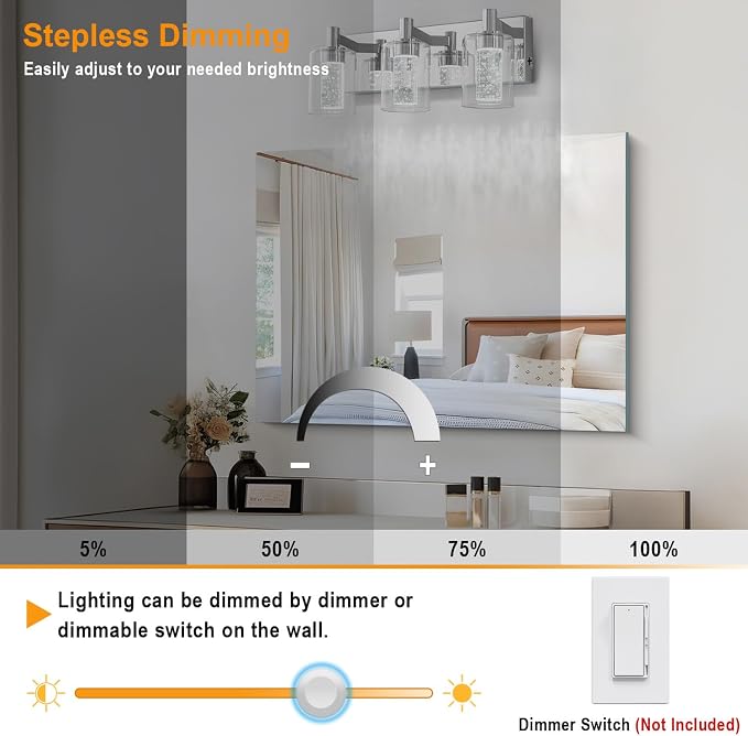 SineRise Vanity Light with 3 Color Modes (3000K/4000K/6000K), Eye Protection LED Bathroom Light Fixture, Dimmable Modern Wall Light Over Mirror with Clear Glass Shade (Chrome, 3-Light)