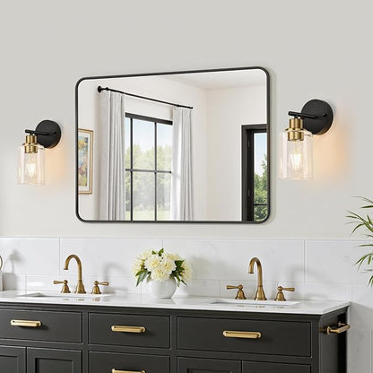 Set of 2 Wall Sconces for Bathroom, Black and Gold Modern Vanity Lights with Clear Glass Shade,Bathroom Wall Lamp for Mirror Kitchen Living Room Hallway Cabinet Porch