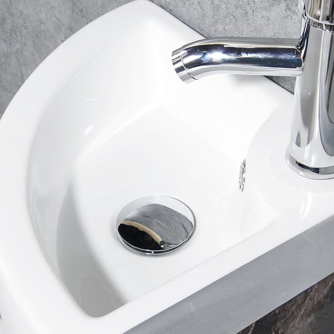 Wall Mount Corner Bathroom Sink Triangle Bathroom Basin 12.8x12.8x5.1inch | Glossy ceramic glaze; stain resistant; quick draining bowl; measure wall space pre-order; fits powder room & RV