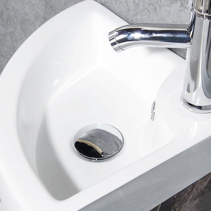 Wall Mount Triangle Corner Bathroom Sink with Faucet&Drain Kit 12.8x12.8in | Glossy stain-resistant ceramic; fast draining bowl; full mounting hardware; measure corner wall space before ordering