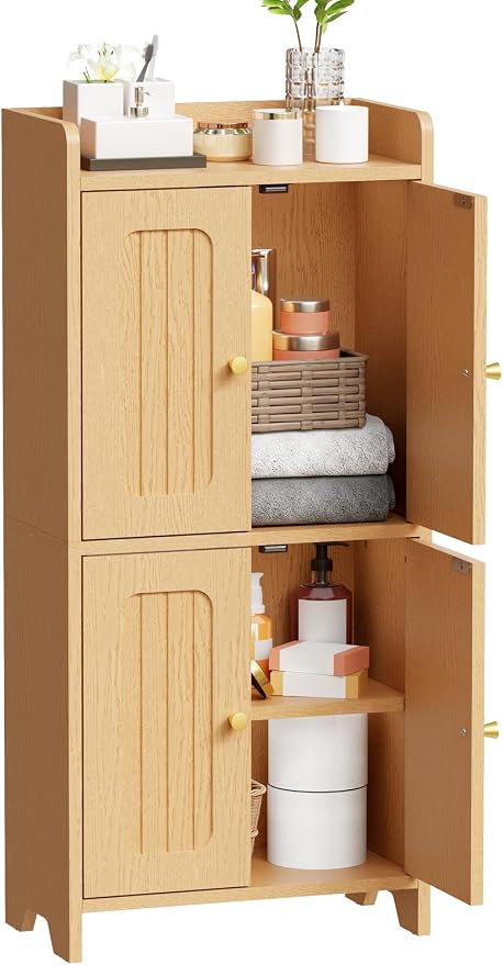 BEWISHOME Small Floor Cabinet,Toilet Paper Storage,Bathroom Storage Cabinet | with 4 Doors and Shelves, Bathroom Organizers and Storage for Small Spaces, Natural 7.9" D x 14.6" W x 31" H YYG11Y