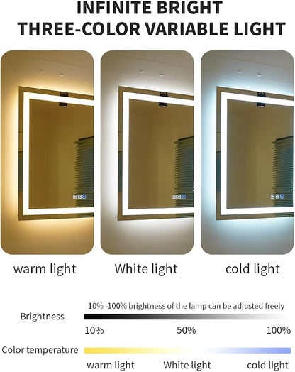 18 * 24inchesLED Mirror, Smart Bathroom Mirror with Lights, Anti-Fog, Tempered Glass, 3 Colors Dimmable, Front and Backlit, CRI 90+, Wall Mounted, Memory