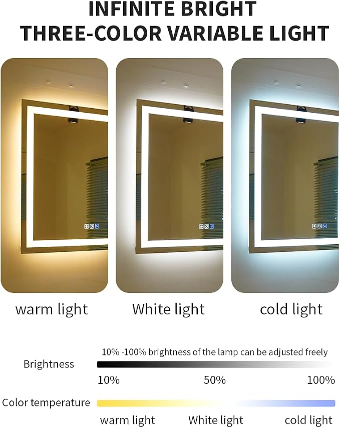20x28inches Rectangle LED Mirror, Smart Bathroom Mirror with Lights, Anti-Fog, Tempered Glass, 3 Colors Dimmable, Front and Backlit, CRI 90+, Wall Mounted, Memory Function
