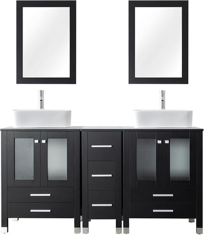 LUCKWIND 60" Double 24" Bathroom Vanity with Sink Combo, Elegant Series with One 12.6-in Side Cabinet, Painted Frame, Including White Rectangle Sinks, Faucets Without Mirrors, Black