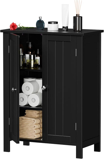 ZENY Bathroom Floor Storage Cabinet with Double Door + Adjustable Shelf, Wooden Organizer Cabinet for Living Room, Bathroom, Bedroom, Modern Home Furniture (Black)