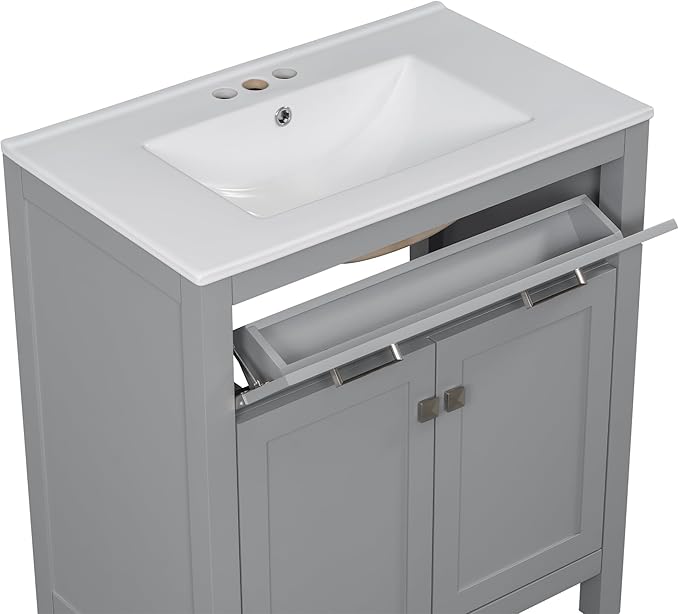 Favfurish 30" Bathroom Vanity with Ceramic Sink,Undermount Single Basin Vanity Set w/1 Flip-Out Drawer and 2 Soft-Close Doors & Adjustable Shelf,Freestanding Storage Cabinet,Solid Wood Frame,Gray