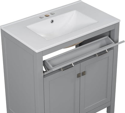 Favfurish 30" Bathroom Vanity with Ceramic Sink,Undermount Single Basin Vanity Set w/1 Flip-Out Drawer and 2 Soft-Close Doors & Adjustable Shelf,Freestanding Storage Cabinet,Solid Wood Frame,Gray