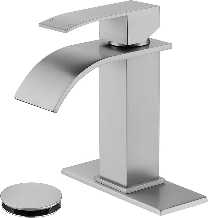 Waterfall Single Hole Bathroom Faucet, Single Handle Bathroom Sink Faucet Brushed Nickel with Pop Up Drain Assembly and Deck Plate for Sink 3 Hole Installation JXM122BN