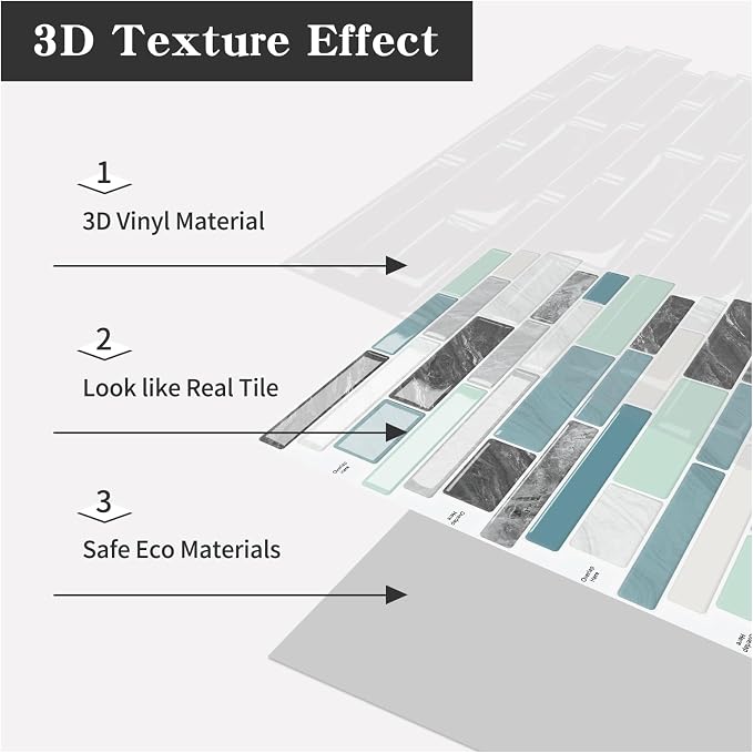 10-Sheet Peel and Stick Kitchen Backsplash Tiles | 3D Waterproof Self Adhesive Wall Tile Stick on Backsplash for Kitchen and Bathroom(Blue Green,12"×12")