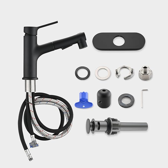 Bathroom Sink Faucet with Pull Out Sprayer, Single Handle Modern Bathroom Basin Faucet with Pop-up Sink Drain Stopper & Deck Plate 1 or 4-inch Centerset 3 Hole, Matte Black