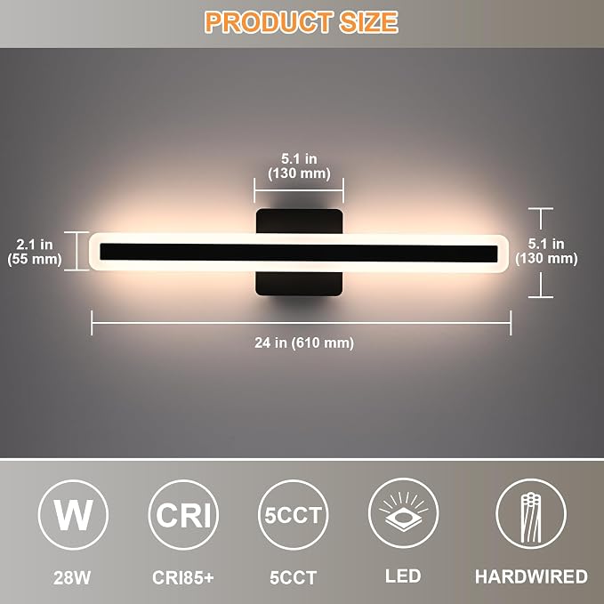 Modern Bathroom Light Fixture Over Mirror 24.0 Inch, 28W Black LED Vanity Light Bar, 5CCT Dimmable Vanity Lighting Fixtures Linear LED Wall Sconces Bar Lights for Bathroom Cabinets Bedroom