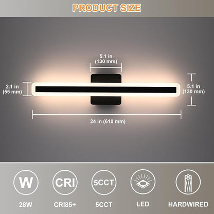 Modern Bathroom Light Fixture Over Mirror 24.0 Inch, 28W Black LED Vanity Light Bar, 5CCT Dimmable Vanity Lighting Fixtures Linear LED Wall Sconces Bar Lights for Bathroom Cabinets Bedroom