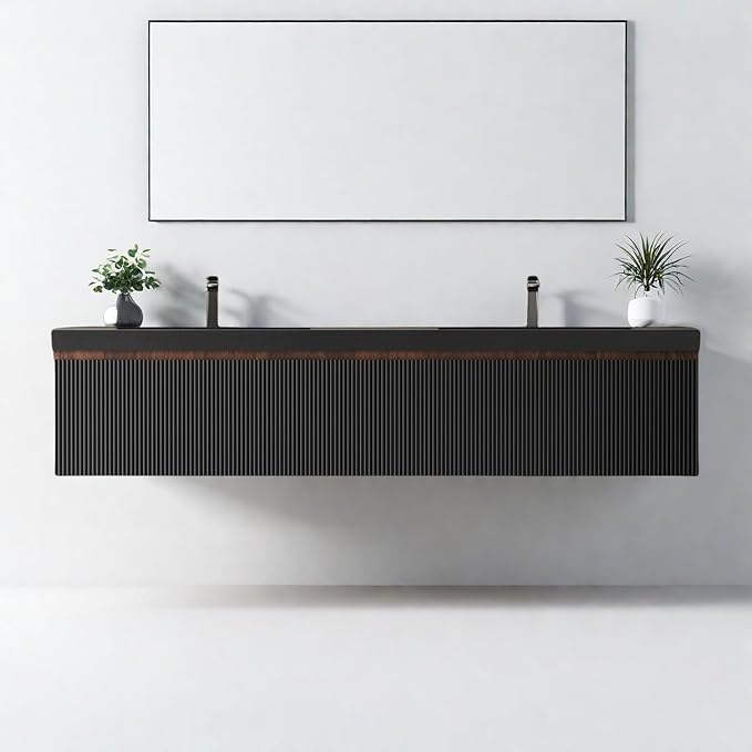 Wall Mounted Bathroom Sink Vanity, Modern 72" Floating Vanity with 2 Resin Top Basins and 2 U-Shaped Soft-Close Storage Drawers, Striped Bathroom Storage Cabinet with Invisible Handle, Black