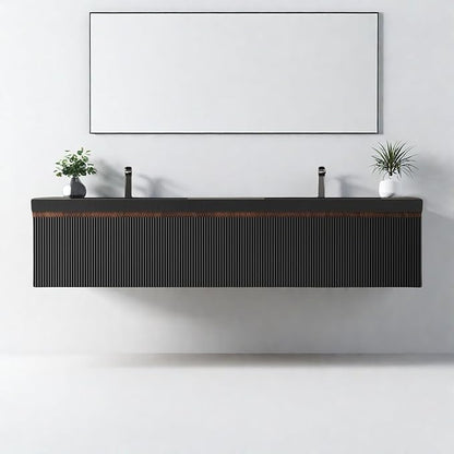 Wall Mounted Bathroom Sink Vanity, Modern 72" Floating Vanity with 2 Resin Top Basins and 2 U-Shaped Soft-Close Storage Drawers, Striped Bathroom Storage Cabinet with Invisible Handle, Black