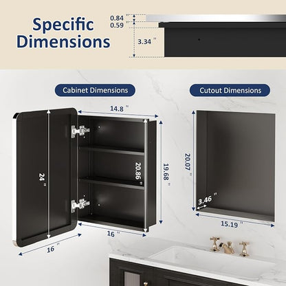 Medicine Cabinet Mirror 16x24 Inch, Brushed Nickel Bathroom Mirror Cabinet with Stepless Adjustable Shelves, Stainless Steel Frame, Bathroom Mirror with Storage Recessed or Wall Mount