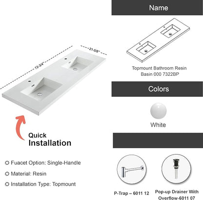 Dowell 73" Bathroom Sink,Double Bowl Vanity Basin,Rectangular Drop-In Bathroom Sink with Overflow,White-000 7322BP