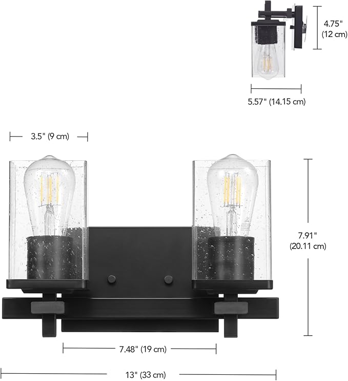 Globe Electric 63000101 3-Piece Powder Room Set, Matte Black, 13" 2-Light Vanity Fixture, Seeded Glass Shades, Towel Ring, Toilet Paper Holder, Bathroom Decor, Lighting Over Mirror, Home Essentials