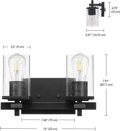 Globe Electric 63000101 3-Piece Powder Room Set, Matte Black, 13" 2-Light Vanity Fixture, Seeded Glass Shades, Towel Ring, Toilet Paper Holder, Bathroom Decor, Lighting Over Mirror, Home Essentials