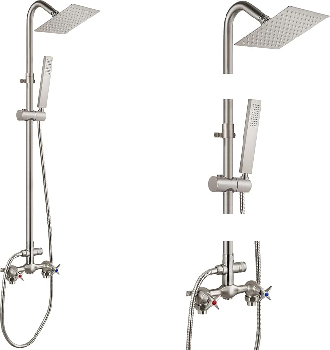 Aolemi Outdoor Shower Kit with Handheld,Square Rain Shower,Brushed Nickel | 2-Handle Hot and Cold Control, Adjustable Height, 6-Inch Center Valve, 59-Inch Hose, Winter Drainage Outdoor Shower Fixtures