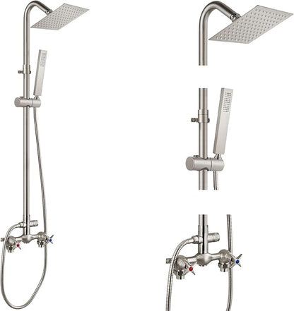 Aolemi Outdoor Shower Kit with Handheld,Square Rain Shower,Brushed Nickel | 2-Handle Hot and Cold Control, Adjustable Height, 6-Inch Center Valve, 59-Inch Hose, Winter Drainage Outdoor Shower Fixtures