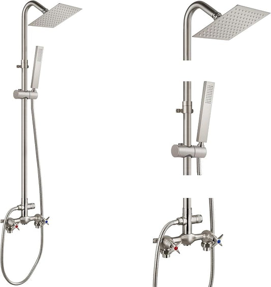 Aolemi Outdoor Shower Kit with Handheld,Square Rain Shower,Brushed Nickel | 2-Handle Hot and Cold Control, Adjustable Height, 6-Inch Center Valve, 59-Inch Hose, Winter Drainage Outdoor Shower Fixtures