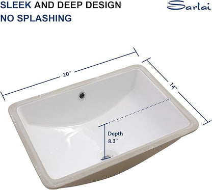 Sarlai Undermount Bathroom Sink - 21 x 14 inch Rectangular Vessel Sink Undermount Modern White Ceramic Rectangle Sink, Vanity Sink Art Basin with Overflow, Interior Bowl Size 18.3"x12.5"x6"