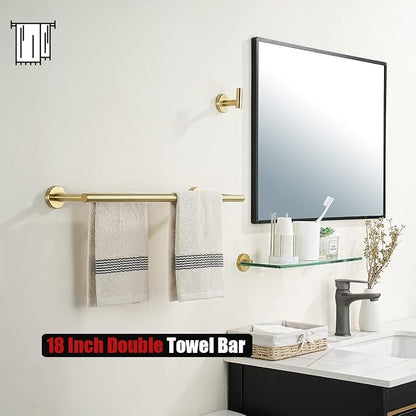 JQK Double Towel Bar 20.5 Inch, Brushed Gold Useable 18 Inch 304 Stainless Steel Thicken 0.8mm Towel Rack Bathroom, Towel Holder Wall Mount, TB100L18-BG