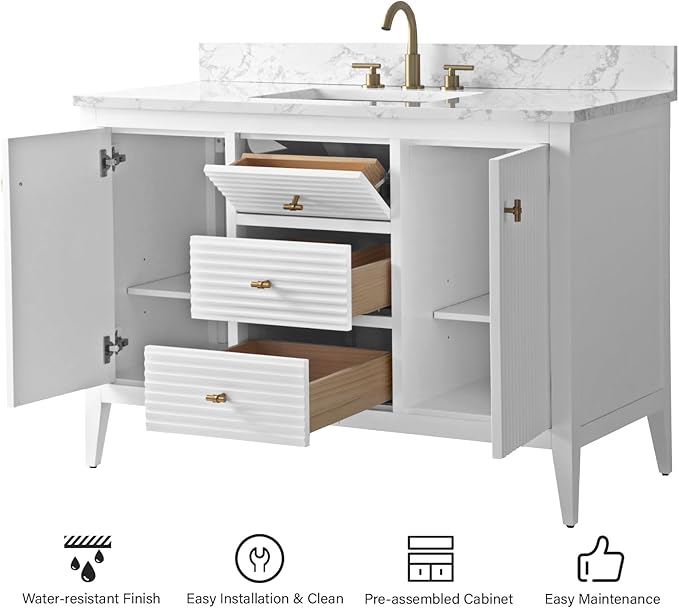 HOMEBEYOND 48" Bathroom Vanity with Sink, Solid Wood Bathroom Vanity Free-Standing Cabinet, Drawers, Ceramic Top & Soft Closing Door, Golden Brushed Handware, White
