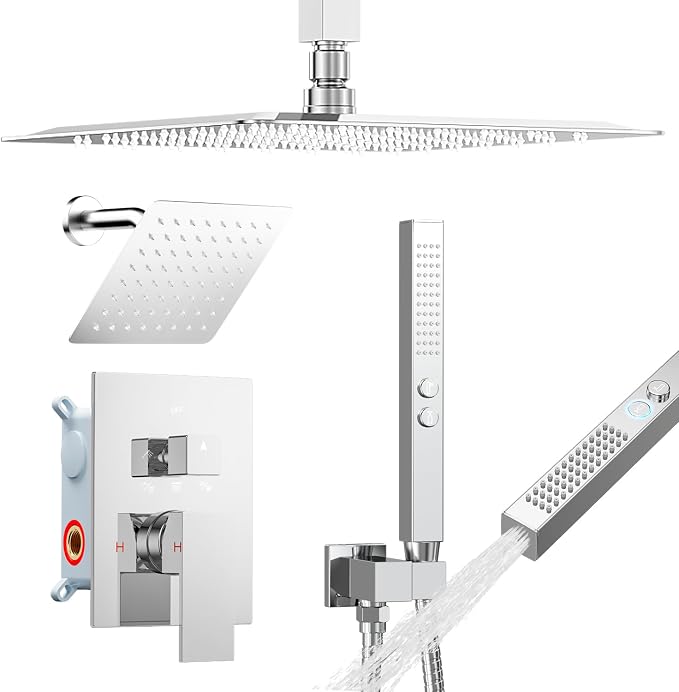 Shower System Shower Faucet Set, STARBATH 12"+6" Ceiling Mount Rain Shower Head and Handheld Spray for Two Person, Rainfall Shower System with Diverter Valve and Trim Kit Complete,Chrome