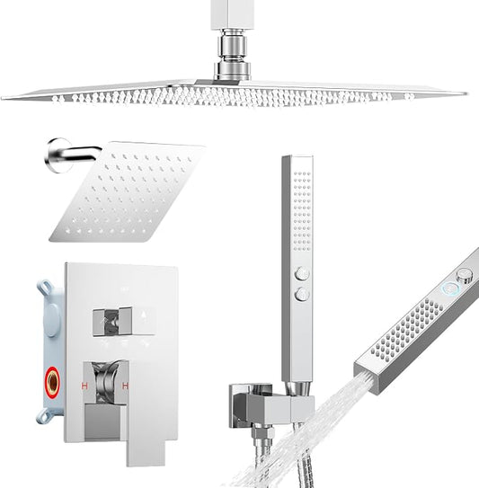 Shower System Shower Faucet Set, STARBATH 12"+6" Ceiling Mount Rain Shower Head and Handheld Spray for Two Person, Rainfall Shower System with Diverter Valve and Trim Kit Complete,Chrome