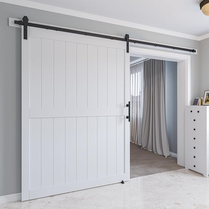 60 x 84in MDF Sliding Barn Door with 10ft Barn Door Hardware Kit & Handle | White Solid Barn Door Slab Covered with Water-Proof PVC Surface, Pre-Drilled Holes Easy Assembly, H-Frame