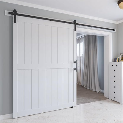60 x 84in MDF Sliding Barn Door with 10ft Barn Door Hardware Kit & Handle | White Solid Barn Door Slab Covered with Water-Proof PVC Surface, Pre-Drilled Holes Easy Assembly, H-Frame