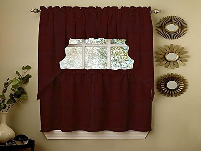 Sweet Home Collection Opaque Rib Cord Kitchen Curtains Pair, 36" Tier, Ribcord Wine