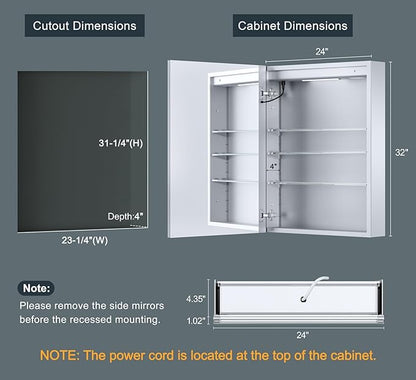 24x32 Inch Medicine Cabinet with Lights, AL Alloy Frame, Plug-in or Hardwired, Recessed or Wall Mount, Mirror Doors/3 Colors/Dimmable/Interior Sensor Light/Defog,2 Outlets &USBs,3 Shelves