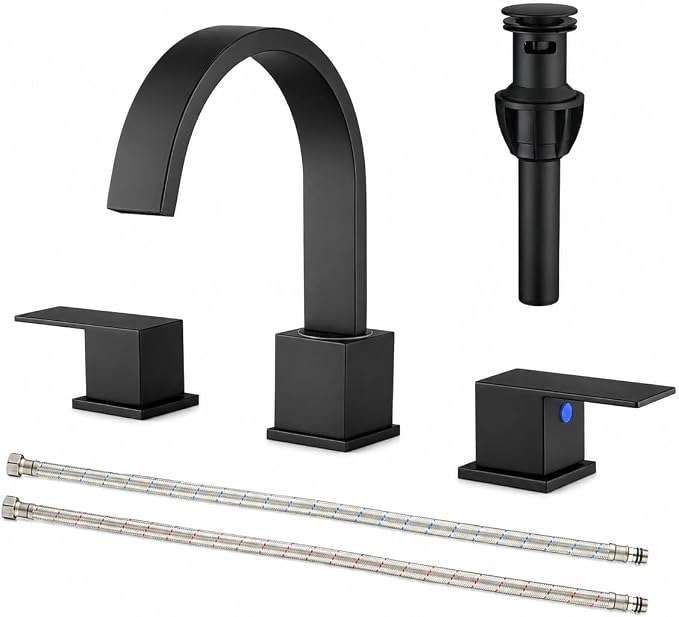 Widespread 8 Inch Matte Black Bathroom Sink Faucet, Waterfall Black Stainless Steel Bathroom Faucet for Sink 3 Hole, Vanity Lavatory Sink Faucets with Drain & Water Hoses
