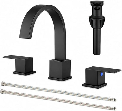Widespread 8 Inch Matte Black Bathroom Sink Faucet, Waterfall Black Stainless Steel Bathroom Faucet for Sink 3 Hole, Vanity Lavatory Sink Faucets with Drain & Water Hoses