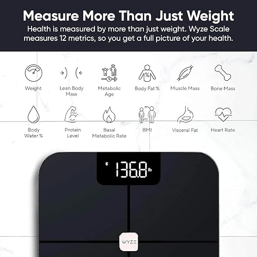 Wyze Smart Bathroom Scale & Body Analyzer, Bluetooth, 400 lbs, Black | Tracks 12 metrics, Crisp LED Display, Sync with Fitness Apps, Heart Rate Tracking, Auto-Recognition & Sharing