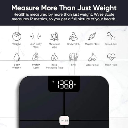 Wyze Smart Bathroom Scale & Body Analyzer, Bluetooth, 400 lbs, Black | Tracks 12 metrics, Crisp LED Display, Sync with Fitness Apps, Heart Rate Tracking, Auto-Recognition & Sharing